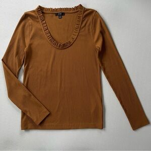 J. Crew Chestnut Ruffled Scoop Neck Long Sleeve Top